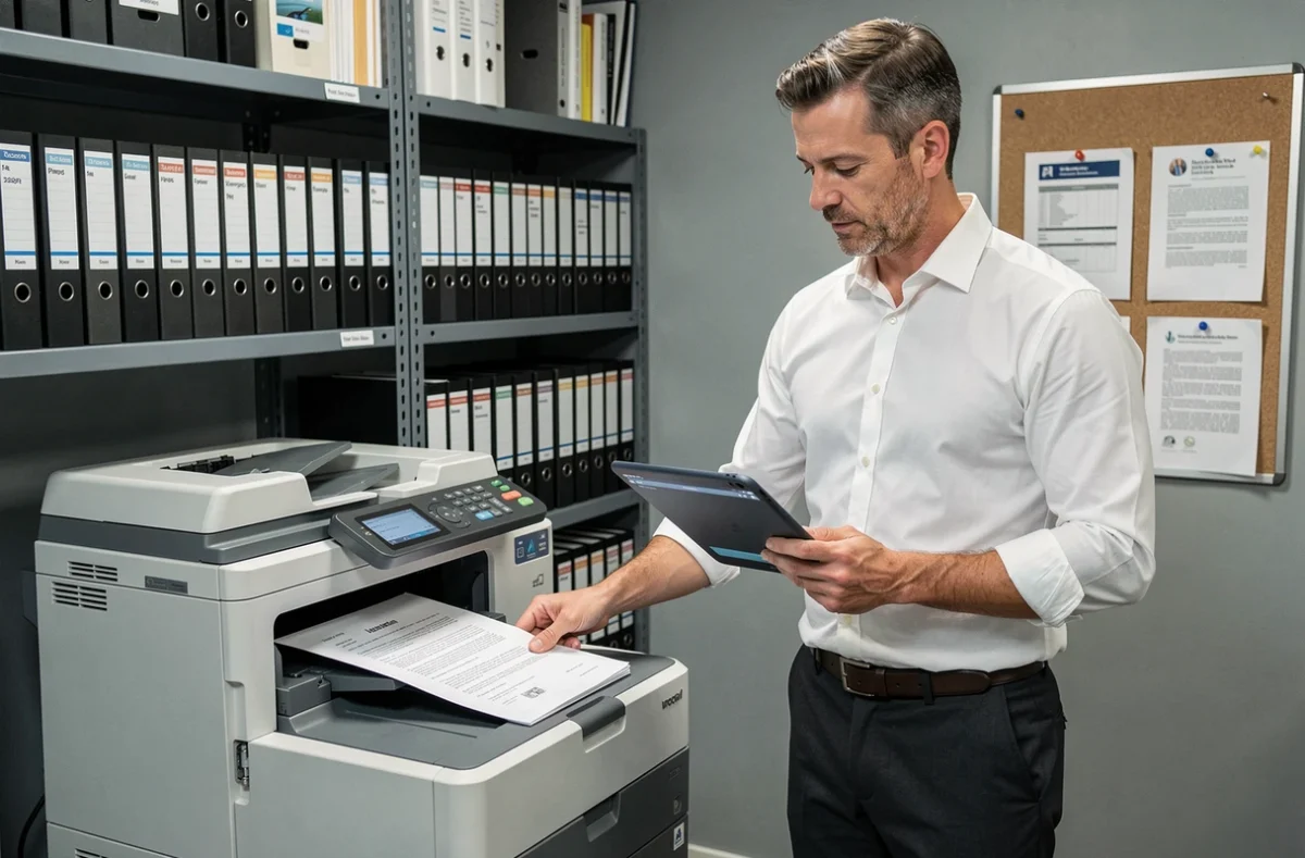 Spécialiste RH récupérant des courriers types imprimés depuis une imprimante de bureau avec une tablette affichant un assistant de publipostage Word