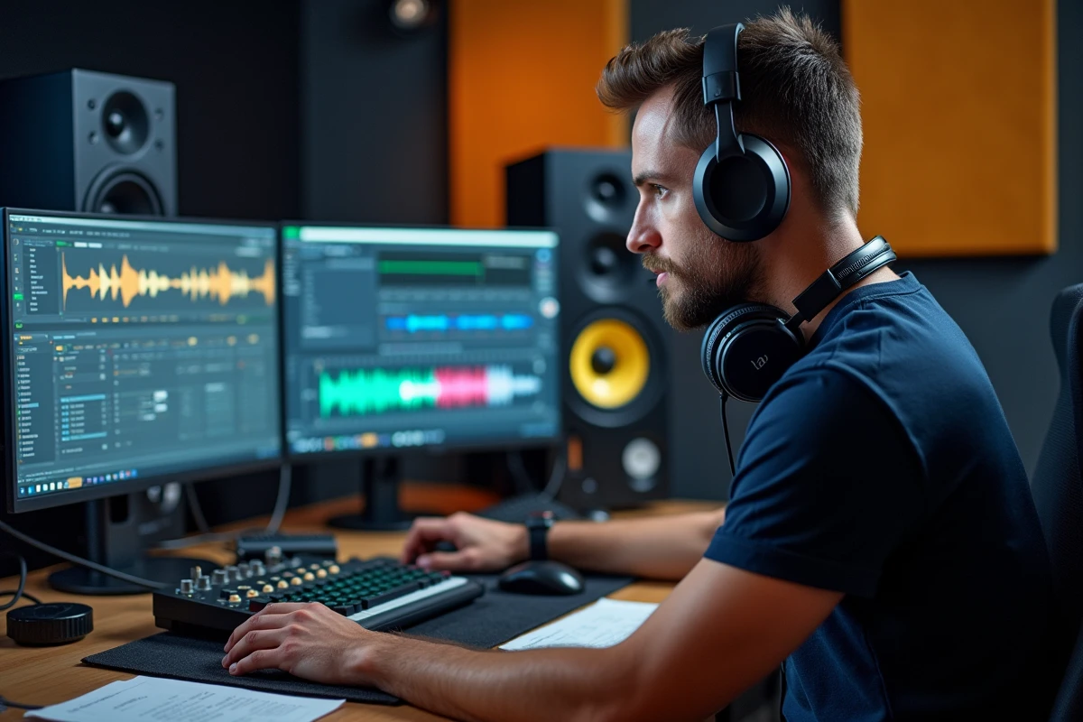 Homme dans un studio audio professionnel utilisant un logiciel de conversion de fichiers audio YouTube en WAV