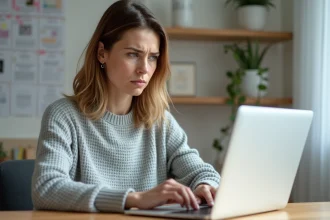 Femme utilisant Microsoft Word sur un ordinateur portable pour supprimer une page blanche dans un document
