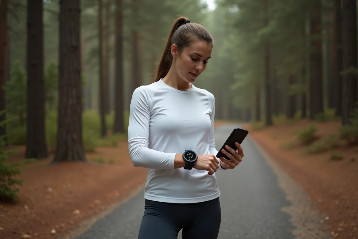 Femme sur sentier forestier synchronisant des données GPX entre montre Garmin et smartphone