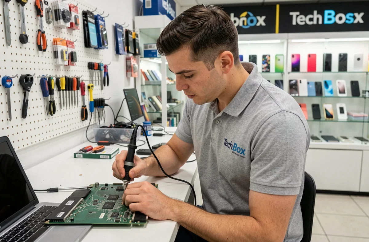 Technicien de Tech Box réparant une carte mère d'ordinateur portable dans son atelier en Moselle
