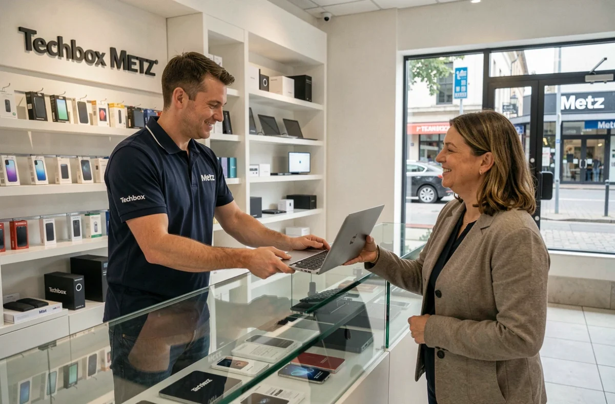 Technicien Techbox Metz remettant un ordinateur portable réparé à une cliente satisfaite dans la boutique