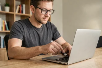 Technicien informatique insérant une clé USB bootable dans un MacBook Pro pour dépannage sous Mac OS X Sierra