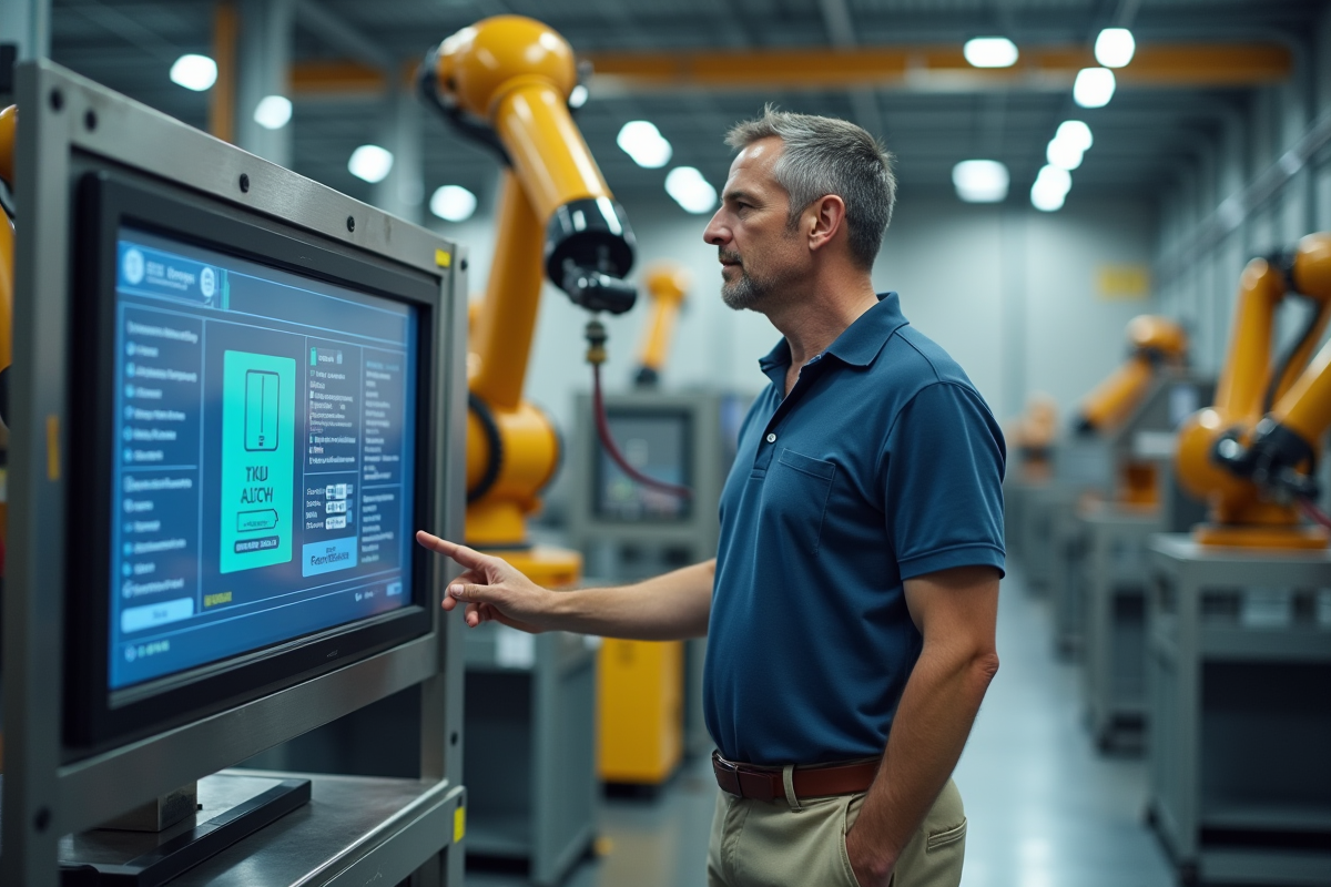 Technicien surveillant des bras robotiques en usine
