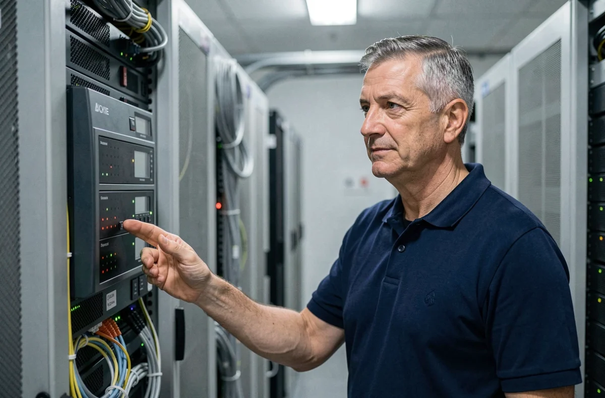 Technicien devant un rack de serveurs dans un centre de données pour hébergement WordPress