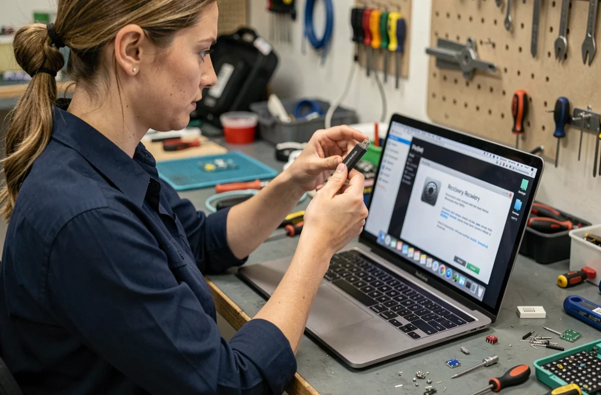 Technicienne tenant une clé USB bootable devant un MacBook affichant le menu de démarrage de récupération Mac OS X Sierra