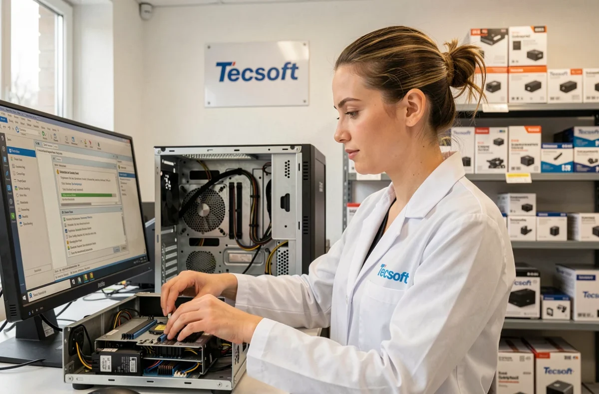 Technicienne Tecsoft diagnostiquant un ordinateur de bureau dans un atelier informatique professionnel