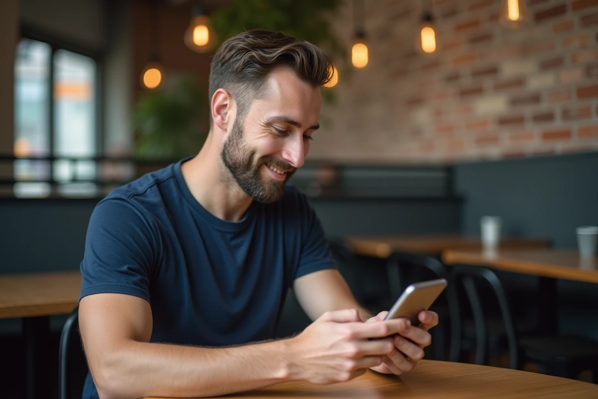 Homme utilisant son smartphone dans un café pour télécharger des vidéos TikTok via une application
