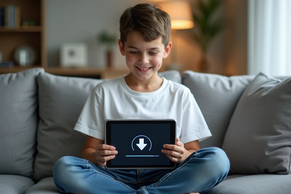 Adolescent téléchargeant des vidéos en ligne sur une tablette confortablement installé dans un salon moderne
