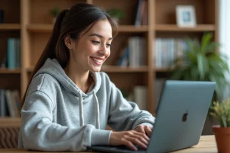 Jeune femme téléchargeant une vidéo YouTube sur son ordinateur portable depuis son bureau à domicile