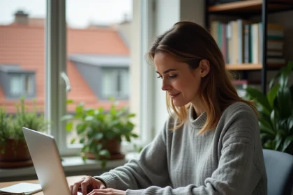 Femme en télétravail consultant ses emails professionnels sur un ordinateur portable depuis un bureau à domicile avec vue sur les toits de Strasbourg
