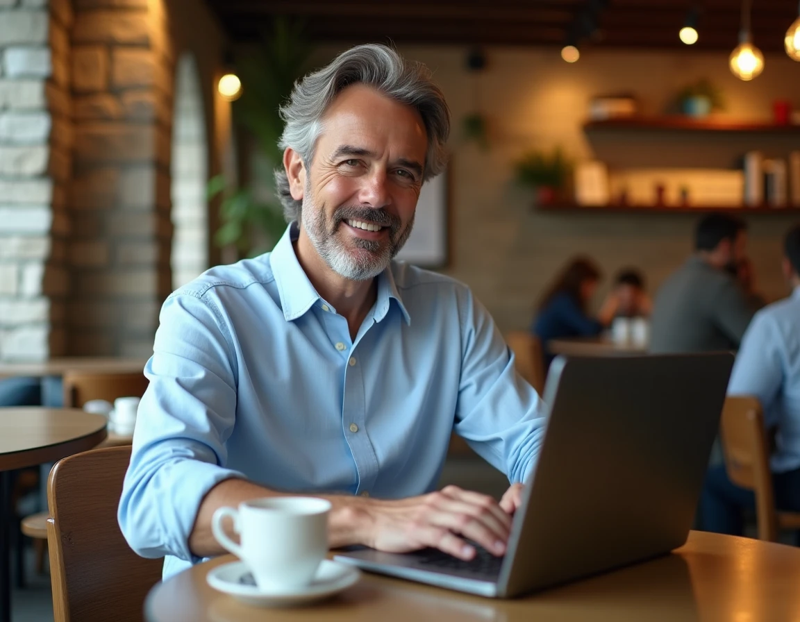 Homme en télétravail consultant ses emails depuis un café alsacien avec ordinateur portable et tasse de café sur la table