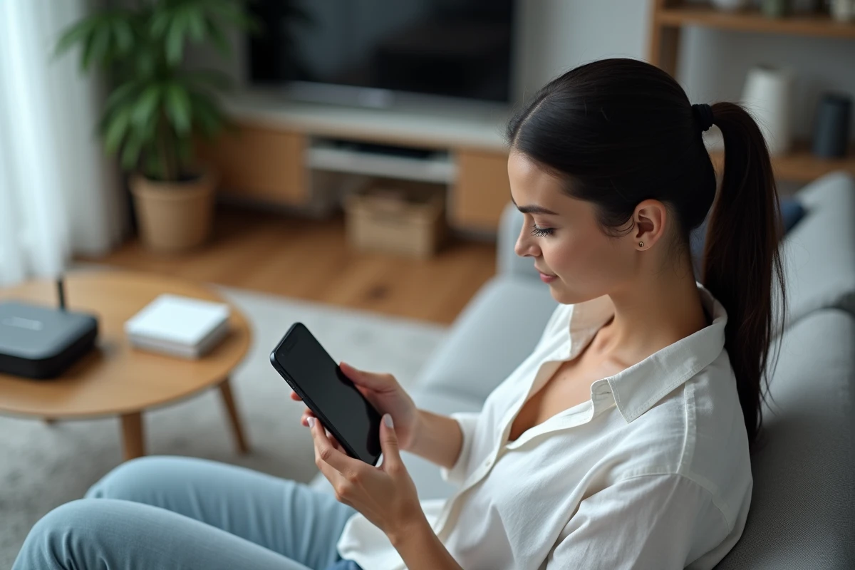 Femme rédigeant un ticket support sur smartphone pour une erreur Freebox