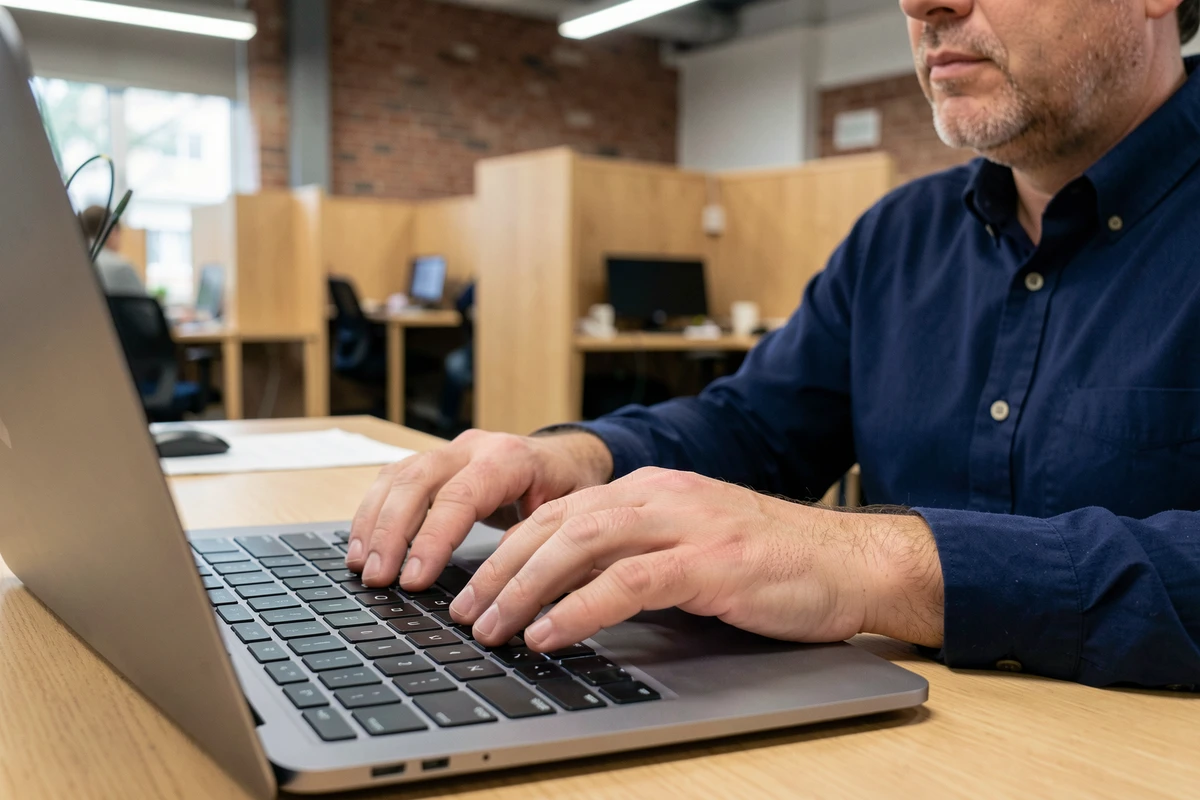 Homme en télétravail utilisant la touche Maj du MacBook dans un espace de coworking avec position des doigts de dactylographe