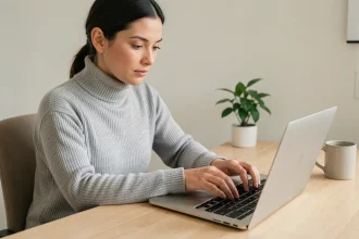 Femme utilisant la touche Maj sur un MacBook Pro avec une posture de dactylographe précise dans un bureau minimaliste
