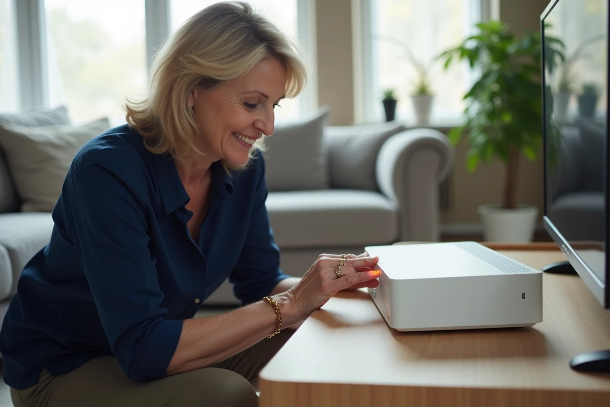 Femme inspectant les voyants d'une box internet Freebox dans un salon moderne