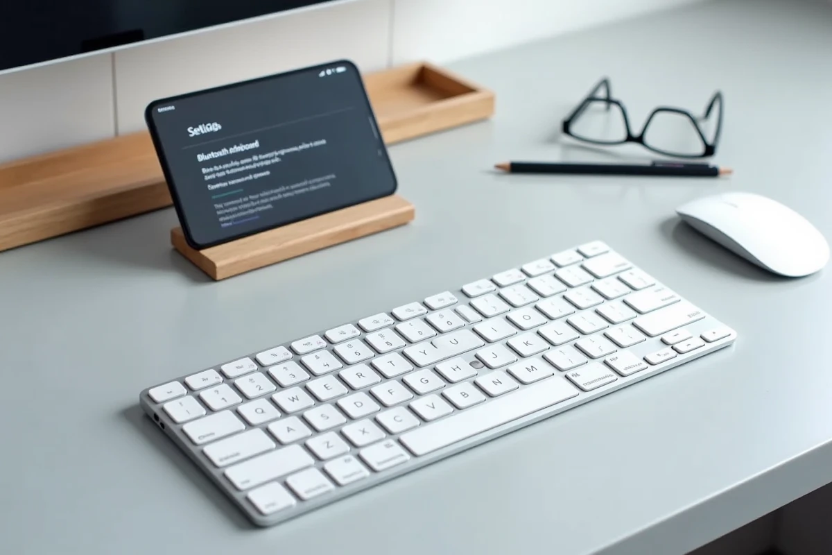 Vue aérienne d'un clavier Bluetooth avec smartphone affichant les réglages d'inversion de touches sur bureau minimaliste