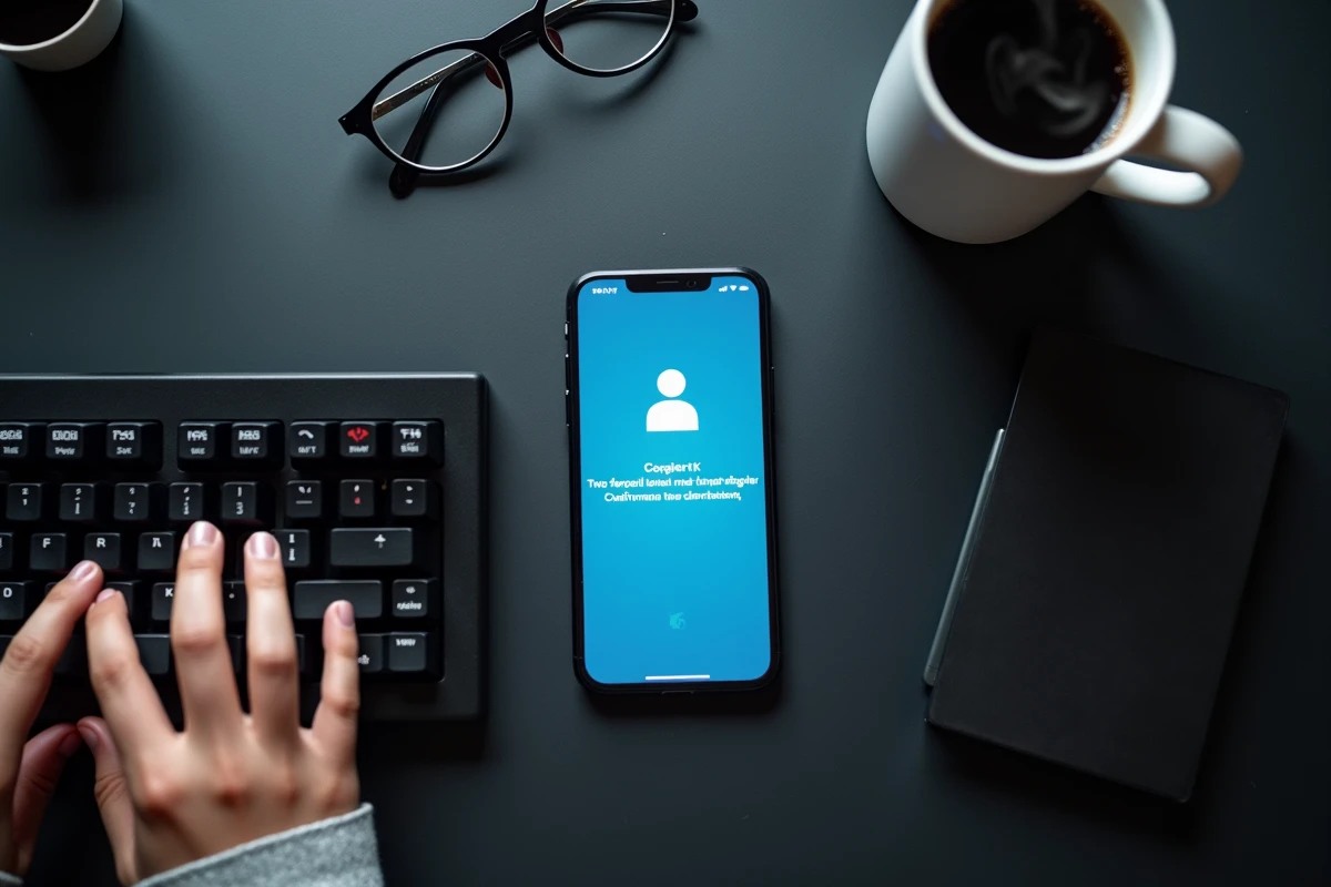 Vue aérienne d'un bureau avec smartphone affichant une notification de double authentification pour AOL webmail