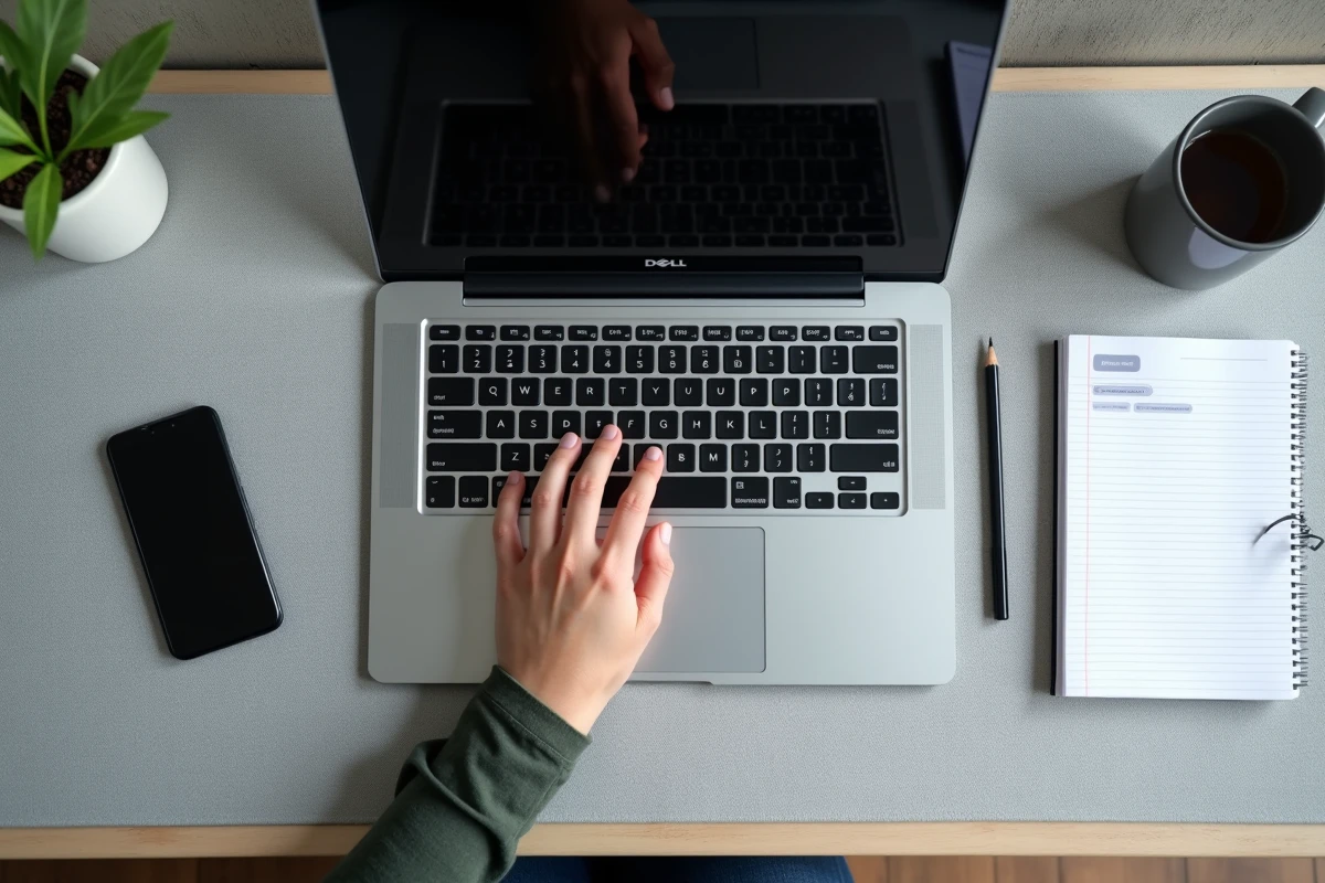 Vue du dessus d'un clavier Dell avec une main sur les touches de raccourcis et accessoires de bureau