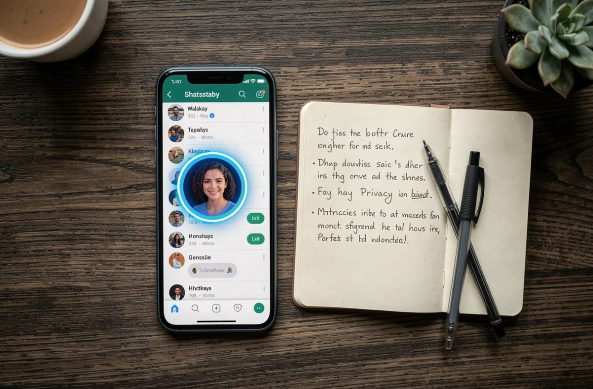 Vue de dessus d'un smartphone affichant le cercle bleu WhatsApp posé sur un bureau en bois avec un carnet de notes sur la vie privée