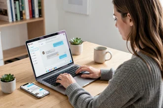 Femme utilisant WhatsApp Web sur ordinateur portable avec smartphone synchronisé sur un bureau moderne