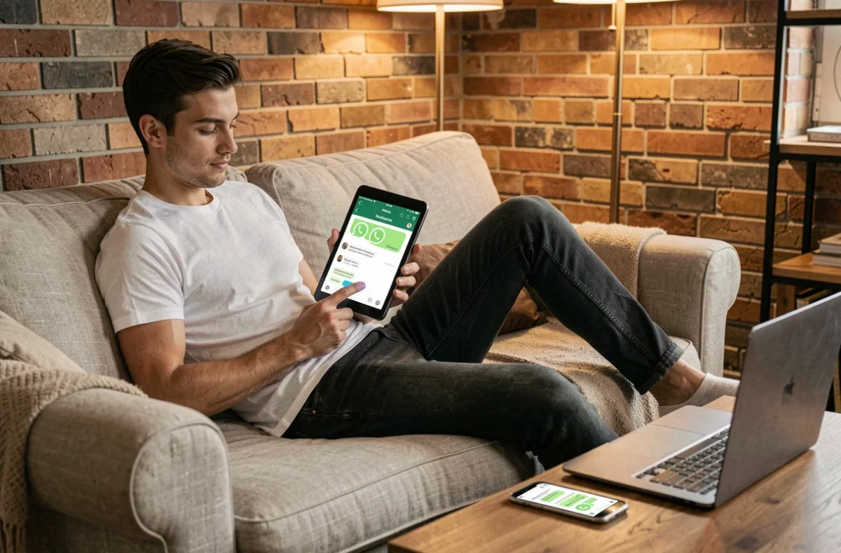 Jeune homme utilisant WhatsApp Web simultanément sur tablette, ordinateur et smartphone dans un salon