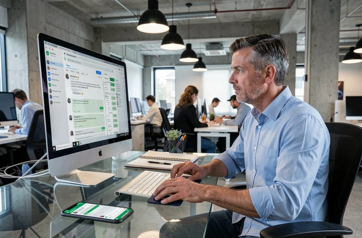 Homme professionnel utilisant WhatsApp Web sur plusieurs appareils dans un bureau en open space